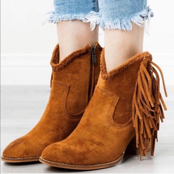 Private Label Shoes - New Cognac Brown Western Fringe Microsuede Vegan Leather Ankle Boots